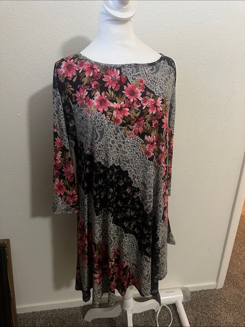 Black Floral Tunic with Pink Blossoms and Cream Lace Motif
